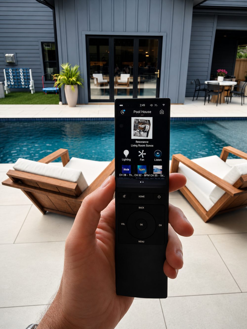 Handheld Control4 remote controlling pool house lighting, fans, and whole-home audio poolside